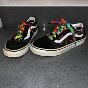 Womens Sz 7 Men 5.5 Vans Old Skool Black and Romantic Floral Rose Sneakers Shoes